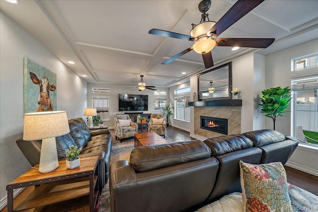 315 Painted Horse Way, Erie, CO 80516 - living room with wood finished floors, a fireplace, coffered ceiling, a ceiling fan, and healthy amount of natural light
