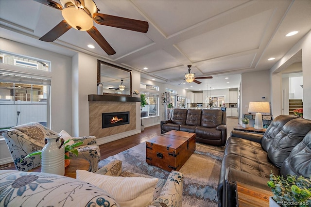 315 Painted Horse Way, Erie, CO 80516 - living room with ceiling fan, coffered ceiling, healthy amount of natural light, wood finished floors, and recessed lighting