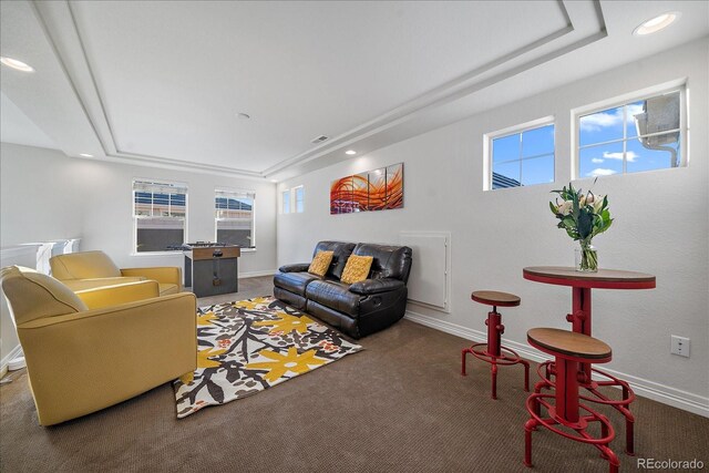 315 Painted Horse Way, Erie, CO 80516 - carpeted living area featuring a tray ceiling, baseboards, and recessed lighting