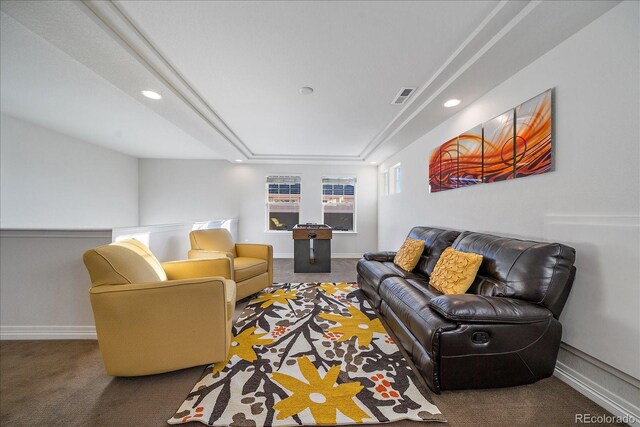 315 Painted Horse Way, Erie, CO 80516 - living area with carpet flooring, baseboards, recessed lighting, and attic access