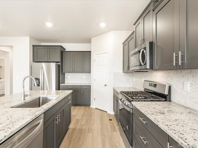 kitchen featuring backsplash, sink, light wood-type flooring, and appliances with stainless steel finishes