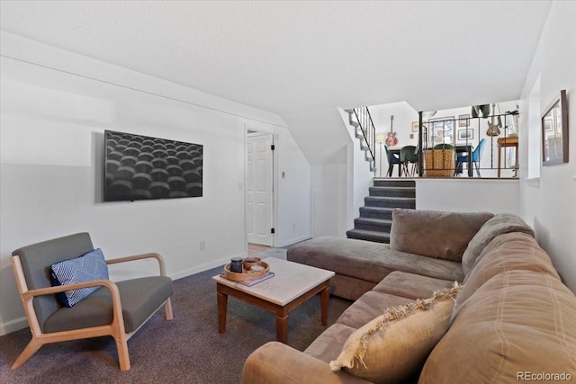 living area with stairway, carpet floors, and baseboards