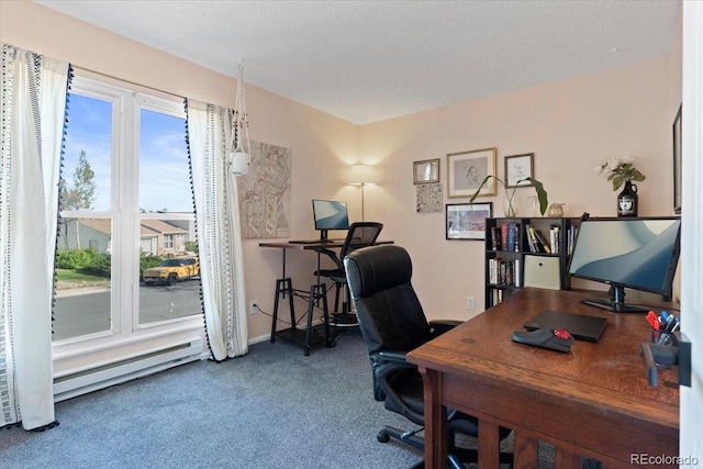 carpeted office featuring a baseboard radiator
