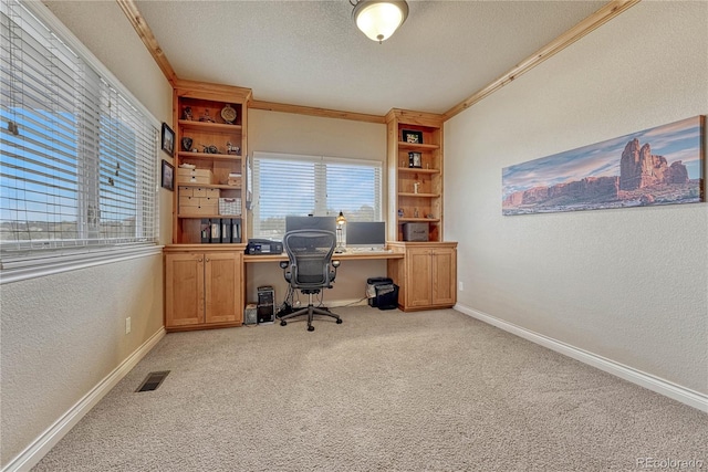 office space with a textured ceiling, light colored carpet, and crown molding