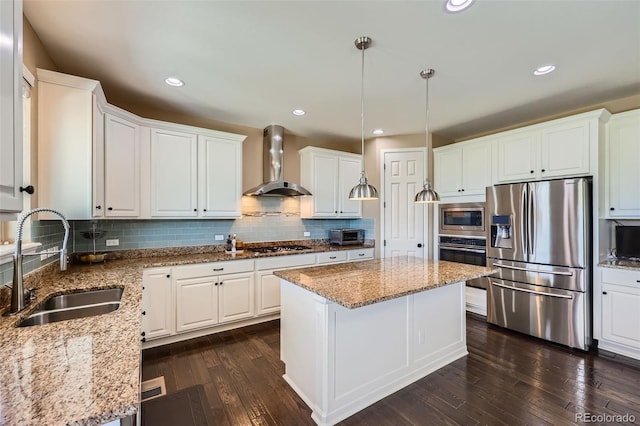22197 E Stroll Ave, Parker, CO 80138 - kitchen featuring stainless steel appliances, wall chimney exhaust hood, a sink, dark wood-type flooring, and a kitchen island