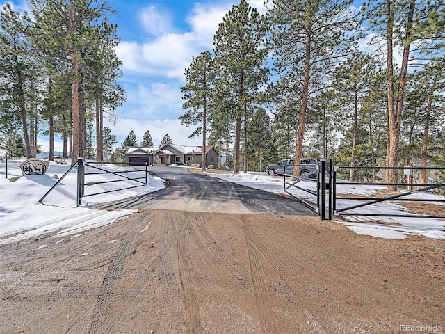 view of street featuring a gate and dirt driveway