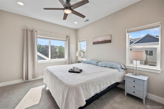 bedroom with recessed lighting, visible vents, a ceiling fan, carpet flooring, and baseboards