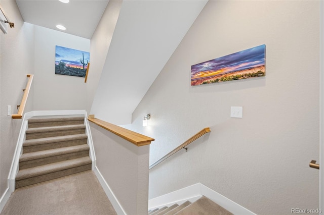 stairs featuring recessed lighting, carpet flooring, and baseboards