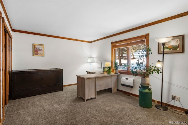 carpeted office featuring heating unit and ornamental molding