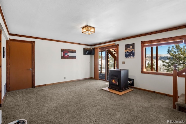 interior space with carpet floors, a wood stove, and ornamental molding