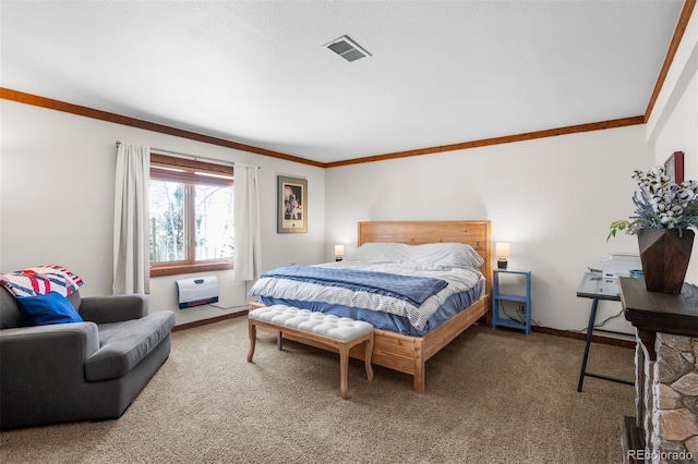 bedroom with carpet floors, heating unit, and ornamental molding