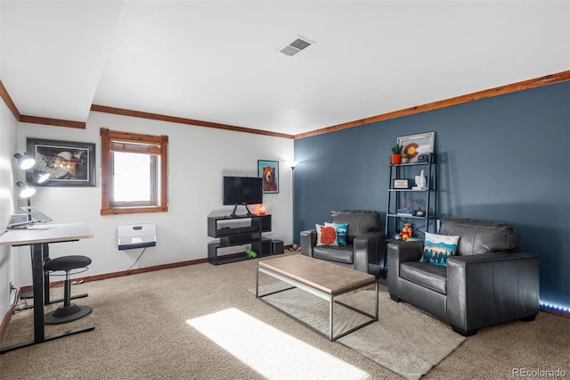 living room with crown molding and carpet flooring