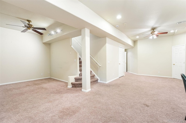 9365 Erminedale Dr, Lone Tree, CO 80124 - finished below grade area featuring light carpet, stairway, recessed lighting, and a ceiling fan