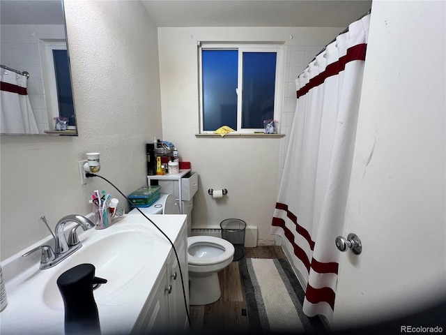 bathroom with toilet, vanity, and hardwood / wood-style flooring