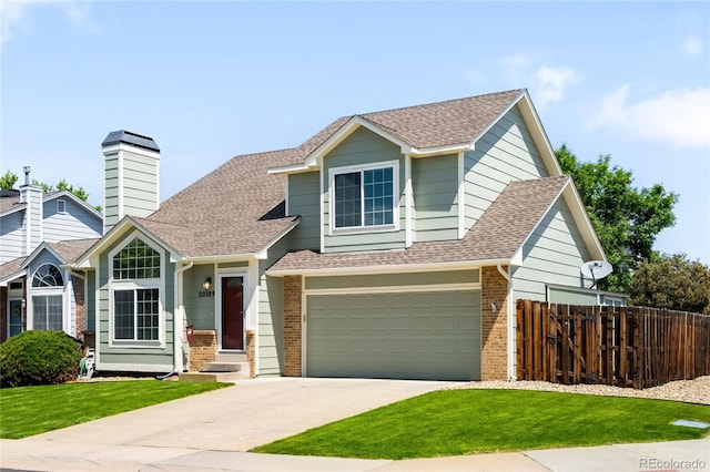 20389 E Powers Pl, Centennial, CO 80015 - view of front facade featuring brick siding, an attached garage, concrete driveway, roof with shingles, and a chimney