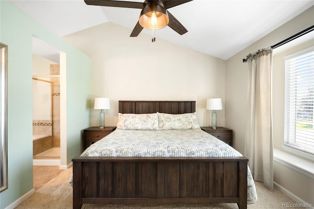 20389 E Powers Pl, Centennial, CO 80015 - bedroom with lofted ceiling, light carpet, multiple windows, connected bathroom, and ceiling fan