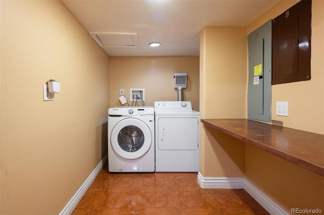 washroom with separate washer and dryer and electric panel