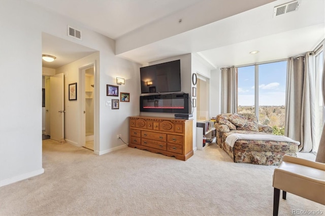 living area featuring baseboards, visible vents, and carpet