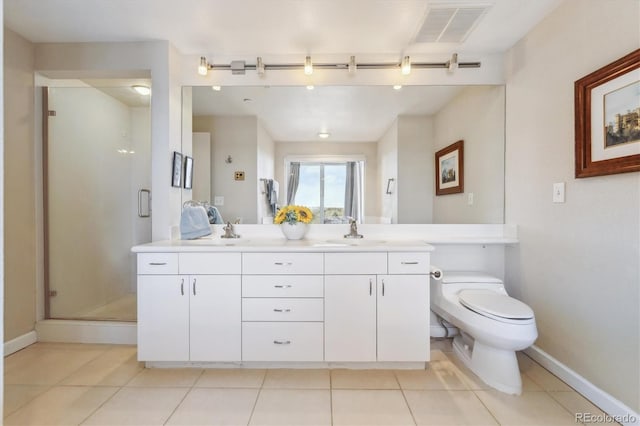 bathroom featuring visible vents, tile patterned flooring, a stall shower, a sink, and toilet