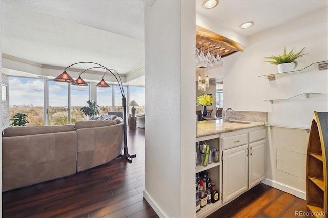 bar with baseboards, a sink, dark wood finished floors, and a healthy amount of sunlight