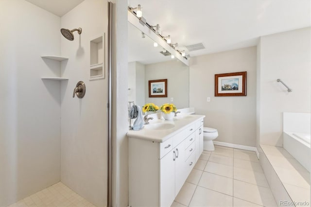 bathroom with a sink, walk in shower, toilet, and visible vents