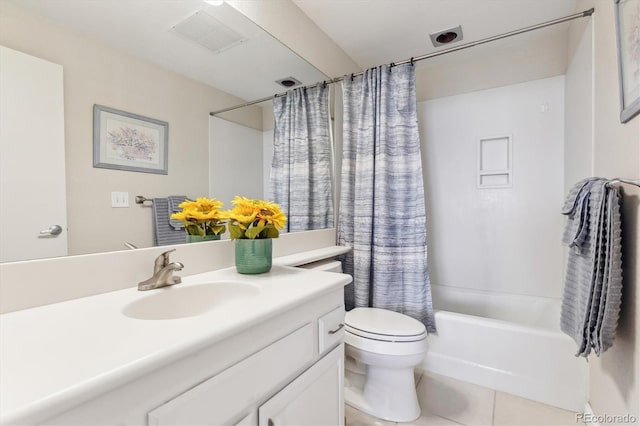 full bath featuring visible vents, vanity, shower / bath combination with curtain, toilet, and tile patterned floors