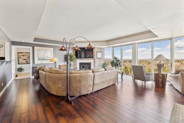 living area featuring dark wood-style flooring, a tray ceiling, baseboards, and a fireplace