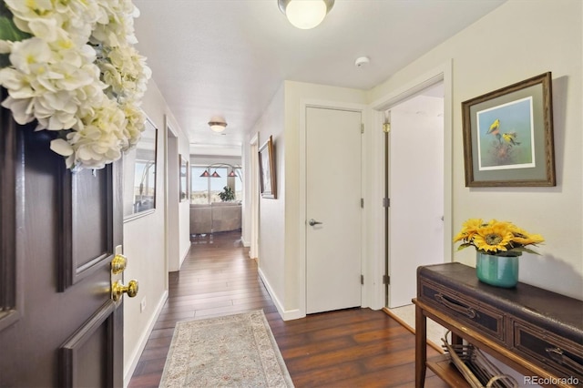 hallway featuring dark wood-style flooring and baseboards