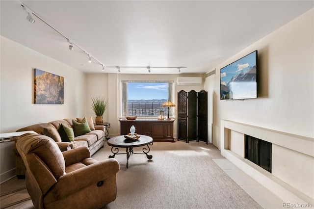 1020 15th St Unit 42A, Denver, CO 80202 - living room featuring track lighting, a wall mounted AC, and light colored carpet