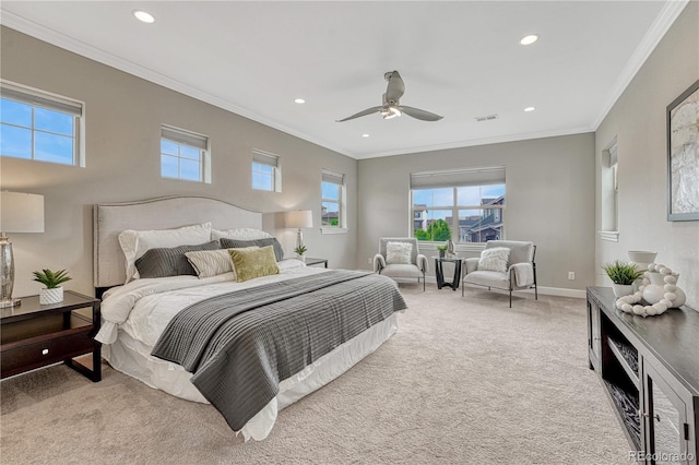 11821 Discovery Ln, Parker, CO 80138 - bedroom with light carpet, recessed lighting, ornamental molding, and ceiling fan