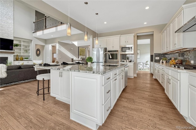 11821 Discovery Ln, Parker, CO 80138 - kitchen featuring stainless steel appliances, wall chimney exhaust hood, open floor plan, light wood-style flooring, and backsplash