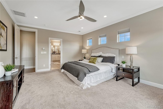 11821 Discovery Ln, Parker, CO 80138 - bedroom with carpet floors, crown molding, recessed lighting, ensuite bathroom, and ceiling fan