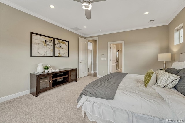 11821 Discovery Ln, Parker, CO 80138 - bedroom featuring recessed lighting, light colored carpet, crown molding, and ceiling fan