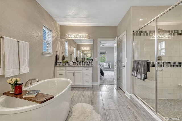 11821 Discovery Ln, Parker, CO 80138 - bathroom featuring a soaking tub, vanity, a shower stall, healthy amount of natural light, and a textured wall