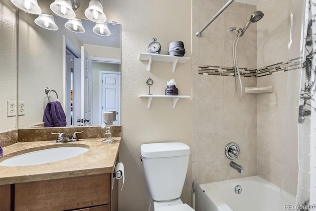 full bathroom featuring vanity, shower / bathtub combination with curtain, and toilet