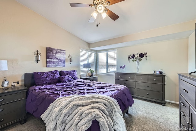 carpeted bedroom with lofted ceiling and ceiling fan