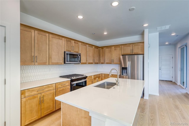 kitchen with an island with sink, appliances with stainless steel finishes, sink, and light hardwood / wood-style flooring