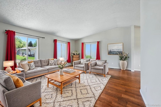 4150 Gleneagle Ct, Colorado Springs, CO 80909 - living room with wood finished floors, a textured ceiling, baseboards, and vaulted ceiling