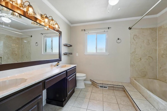 4150 Gleneagle Ct, Colorado Springs, CO 80909 - full bathroom with a combined bath / shower with marble appearance, double vanity, toilet, ornamental molding, and a ceiling fan