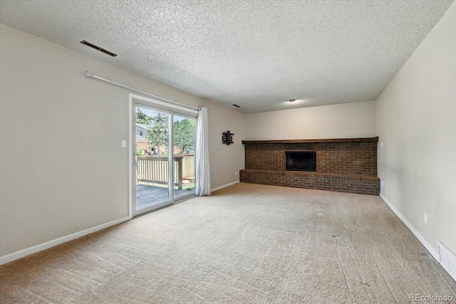 4150 Gleneagle Ct, Colorado Springs, CO 80909 - unfurnished living room with a brick fireplace, carpet floors, a textured ceiling, and baseboards