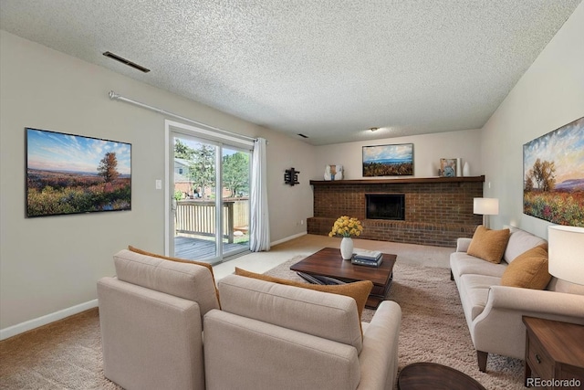 4150 Gleneagle Ct, Colorado Springs, CO 80909 - carpeted living room featuring baseboards, a brick fireplace, and a textured ceiling