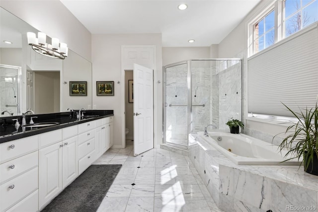 301 Garfield St Unit 1E, Denver, CO 80206 - full bath featuring a stall shower, a jetted tub, toilet, and recessed lighting
