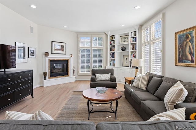 301 Garfield St Unit 1E, Denver, CO 80206 - living room featuring light wood finished floors, plenty of natural light, a premium fireplace, recessed lighting, and baseboards