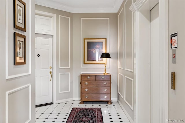301 Garfield St Unit 1E, Denver, CO 80206 - foyer featuring ornamental molding, baseboards, and light floors