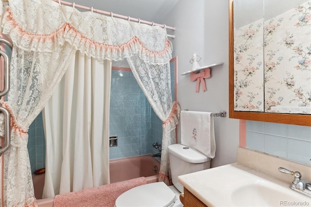 full bathroom featuring shower / tub combo, vanity, decorative backsplash, and toilet