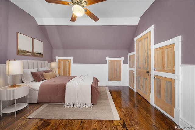3254 Newton St, Denver, CO 80211 - bedroom with vaulted ceiling, wainscoting, wood finished floors, and ceiling fan