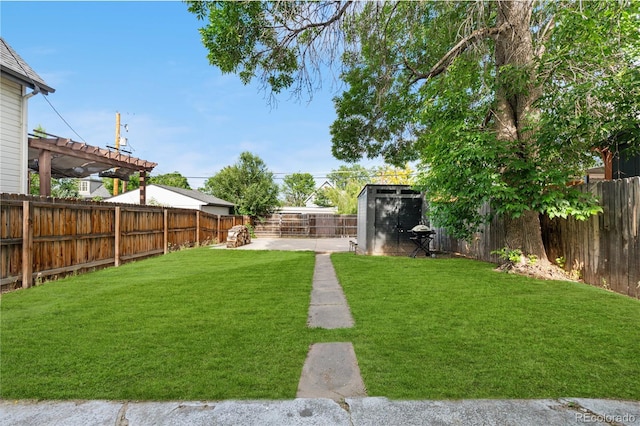 3254 Newton St, Denver, CO 80211 - fenced backyard with a storage unit and a pergola