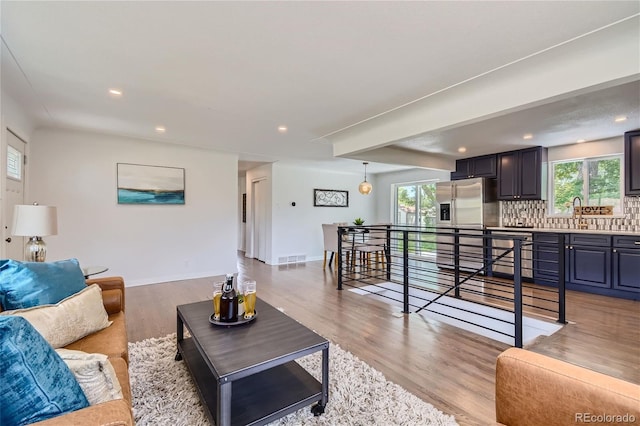 living room featuring a healthy amount of sunlight and light hardwood / wood-style floors