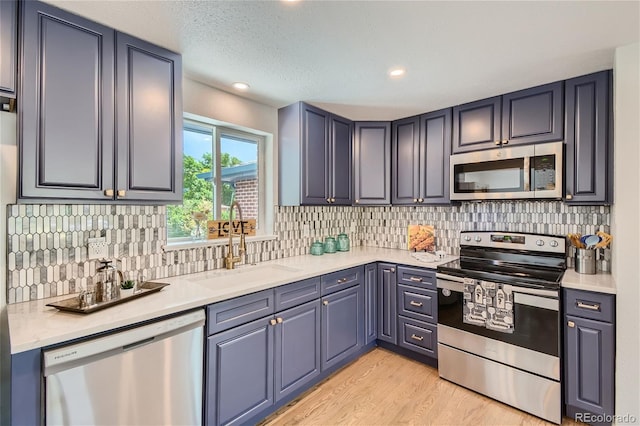 kitchen with decorative backsplash, sink, stainless steel appliances, and light hardwood / wood-style flooring