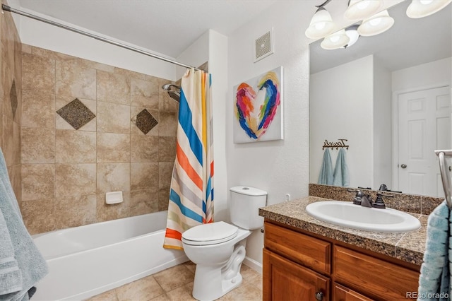 full bathroom with vanity, visible vents, shower / bath combo, tile patterned floors, and toilet